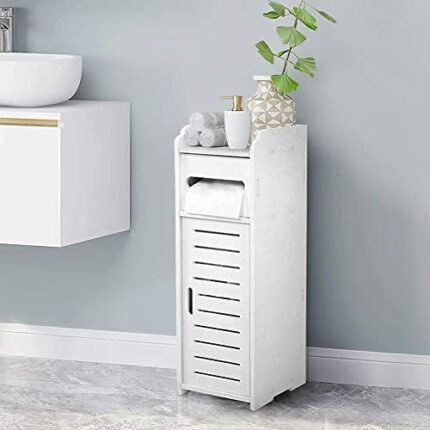 Small Bathroom Cabinet Bathroom Storage Unit White Storage Tower Wooden Cabinet Organizer With Slatted Doors, Freestanding Bathroom Storage Moder