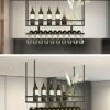 EYLINK Hanging Wine Rack with Glass Holder and Shelf, Adjustable Height Metal and Solid Wood Ceiling Bar Wine Glass Rack, 2 Layer Industrial Wall