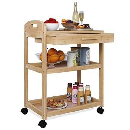SMIBUY Kitchen Island Cart on Wheels with Storage Drawer & Shelves, Bamboo 3-Tier Rolling Utility Serving Rack with Solid Wood Countertop & Locka