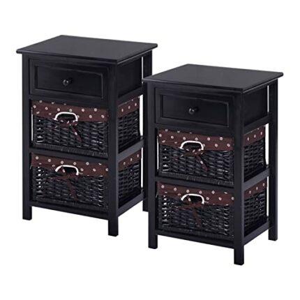 TJLSS Set OF 2 Night Stand 3 Tier 1 Drawer Bedside End Table Organizer Wood Basket