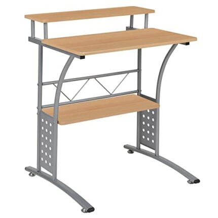 Flash Furniture Computer Desk with Top and Lower Storage Shelves, Metal, Maple, Set of 1