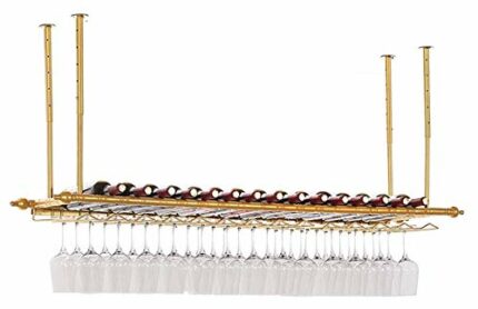 SUCHETA Hanging Wine Rack with Glass Holder and Shelf, Wall Mounted Gold Wine Rack Ceiling Storage Bottle Rack Wine Goblet Rack Upside Down Bar (