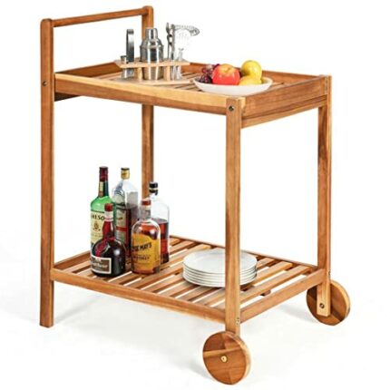 BHVXW 2-Tier Rolling Kitchen Trolley Cart Dining Serving Cart Outdoor W/Wheels With Solid Wood Countertop And Spice Rack