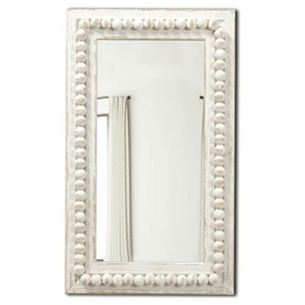 Boho Mirrors for Wall Decor with Beaded Border 24", Hanging Farmhouse Distressed White Bathroom Mirrors for Vanity, Large Rustic Wood Frame Recta