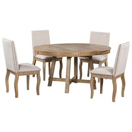 WALNUT 5 Piece Farmhouse Dining Table Wooden Round Extendable Dining Table And 4 Upholstered Chairs
