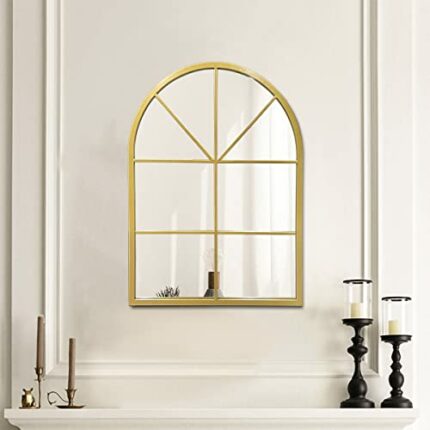 TinyTimes 20" x 28" Arched Wall Mirror, Windowpane Mirror, Vanity Mirror, Metal Framed, Arched-Top, Farmhouse Mirror, Rustic Decorative Mirror -