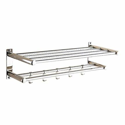Towel Rack Wall Mounted Towel Rail Stainless Steel Bathroom Shelf Hotel Double Layer Anti Rust Towel Holder with 5 Hooks Self Adhesive or Screws