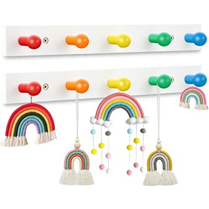 2 Pcs Kids Coat Rack Wall Mount Rainbow Kids Wall Hooks Wooden Coat Hooks Cute Coat Rack Wall Mounted for Kid's Towels Backpacks Bedroom Bathroom