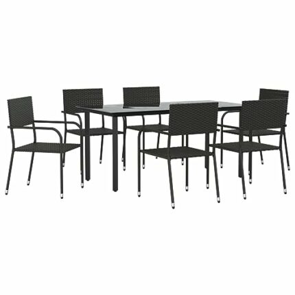 vidaXL Garden Dining Set 7 Piece, Table and Chair for Patio Terrace, Outdoor Dining Set with Table, Modern Style, Black Poly Rattan and Steel