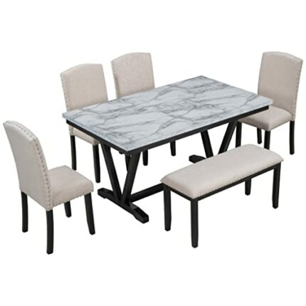 DINGZZ 6 Piece Dining Table 4 Chairs 1 Stool Contemporary Marble Veneer Top And V Legs