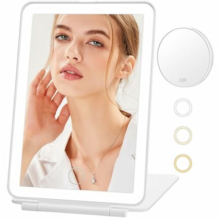 Travel Makeup Mirror with 10X Magnifying Mirror, Lighted Makeup Mirror with 80 Led Lights in 3 Colors, Rechargeable 2000mAh Batteries, Portable U