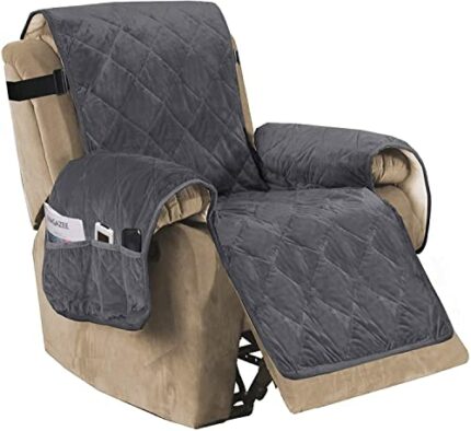 Luxury Velvet Plush Large Width Recliner Chair Cover with Straps Three Pockets, Dog Couch Covers for Armchair Seat Width Up to 28", Living Room S