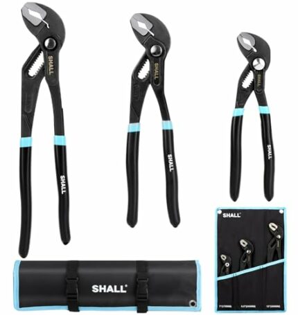 SHALL 3-Piece Groove Joint Pliers Set (12, 9-1/2, 7 Inch), Push-Lock Water Pump Pliers in Cr-v Steel, Fast Adjustable Tongue and Groove Pliers wi