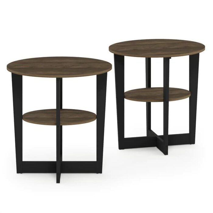 Furinno Oval End, Side Table, Nightstand, Engineered Wood, Columbia Walnut/Black, 2-Pack