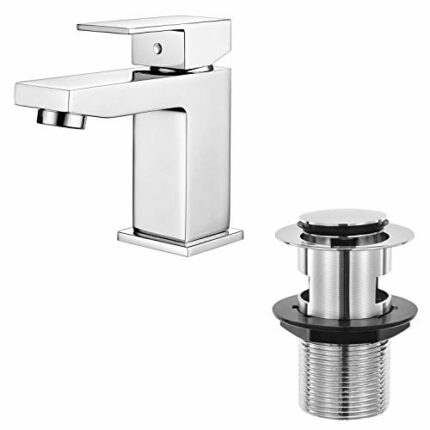 Hapilife Basin Taps Square with Pop up Waste Bathroom Sink Mixer Taps with UK Standard Hoses
