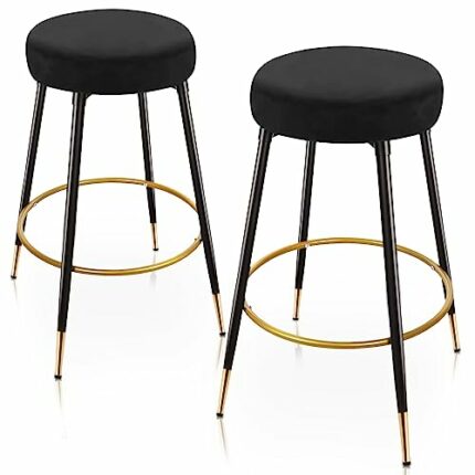 MoNiBloom Black Bar Stools Set of 2 Modern Round Velvet Bar Stools Kitchen Breakfast Round Dining Chair 30 Inches Counter Stools for Coffee Shop,