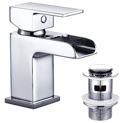 Funime Basin Taps Mixers with Pop-up Waste Slotted Waterfall Bathroom Sink Mixer Tap Square Modern Cloakroom Faucet Monobloc G1/2 Hoses Single Ho