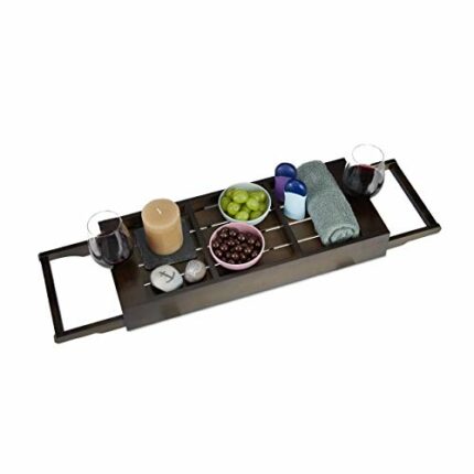 Relaxdays Extendable Bathtub Cady, Bamboo Bathroom Tray, Compartments for Soap & Phone, Wine Glass Holder, Dark Brown, 7 x 67.5 x 20.5 cm