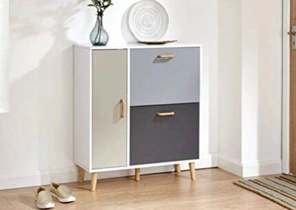 GFW Painted Finish Sideboard with Shelf Drawers Wooden Hallway Shoe Storage Organiser Cupboard, Wood, White/Grey, 29D x 75W x 86H cm