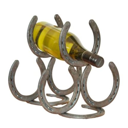 Heritage Products Genuine Horseshoe Wire Rack – Rustic Western Farmhouse Decor Free Standing Three Bottle Rack – Home Kitchen Counter Bar Cart Ra
