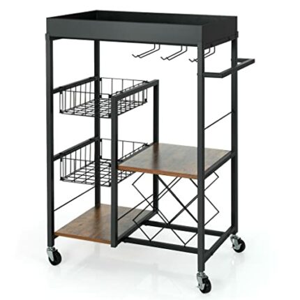 BHVXW 4-Tier Kitchen Bar Cart Rolling Serving Trolley Wine Rack Removable Tray Basket