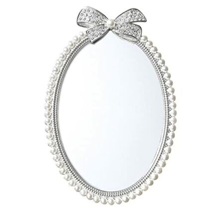 QUANJJ Shiny Silver Plating with White Pearls and Rhinestones Ribbon Design Oval Metal Framed Tabletop
