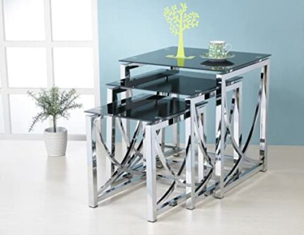 ROYALE COMFORT Eclipse Modern Glass Nest of Tables 3 Clear Black Set Side Lamp End Table (BLACK)