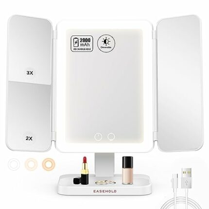 EASEHOLD Makeup Mirror with 64 Led Lights, Vanity Mirror with 2/3X Magnification, Adjustable Brightness Cosmetic Mirror, Touch Screen, USB Chargi
