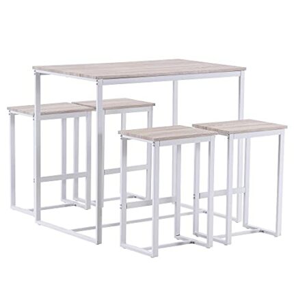 DINGZZ Dining Table Set (100 x 60 x 87) cm Oak Simple 87cm High Bar Table and Chairs Set of 5 PVC Paper Lacquered White matte White