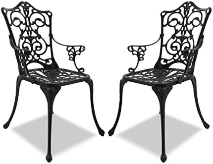 Homeology Tabreez 2-Large Garden & Patio Bistro Chairs with Armrests in Cast Aluminium Black
