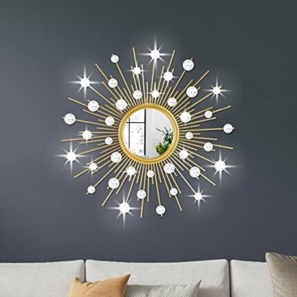 TaoliMo Gold Sunburst Mirror for Wall Decor Metal Sun Wall Mirror Decorative with Crystal Diamond for Living Room Bedroom Entryway Large Circle M