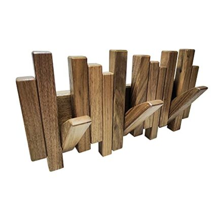 DESAINOPH® Wooden Coat Rack Wall Mounted Sticks Multi Rack Solid Handmade Natural Walnut Wood Artwork with 3 Flip-Down Unique Modern Hooks for Co