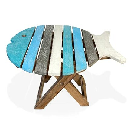Small Wooden Folding Fish Shaped Side Table with Distressed Finish | Blue and Whitewash Wood Colours | Bring a Simple Seaside Feel to Any Room or