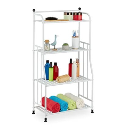 Relaxdays Wide Storage Unit, 107x56x28 cm, Multipurpose Utilities Shelf, 4 Lattice Trays, Metal Standing Tower, White