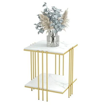 Marble Top Side Table Gold: 2 Tier Square White End Tables 44.5x44.5x55.5cm Sintered Stone Marbles Tabletop Modern Small Bedside with Metal Golde