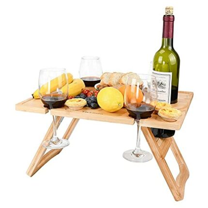Yolluu Outdoor Wine Picnic Table, Deluxe Wooden Drinks Table Portable Bamboo Snack & Cheese,with Wine Glasses Holder for Outdoor Garden Concerts