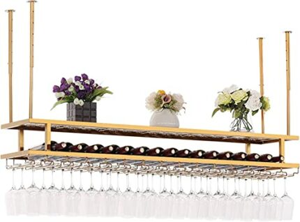 EMISOO Wine Rack Wall Mounted - Ceiling Hanging Wine Glass Rack European Style Wine Bottle Holder Decoration Stemware Goblet Shelf for Bars, Adju