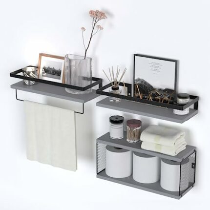 Boswillon Floating Shelves, Grey Bathroom Shelf for Wall Decor with Towel Bar, Wall Mounted Shelf Over Toilet Storage, Bathroom Wall Storage, Wal