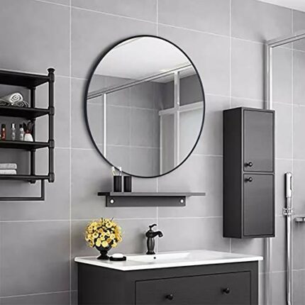 PLINRISE Large Modern Round Metal Framed Wall Mounting Mirror, Oversize Decorative Mirror for Living room or Bathroom (Diameter 25.6 Inch/65cm)