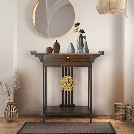 FATIVO Narrow Entryway Console Tables Storage: 2 Tier Rustic Tall Long Desk 81.5x32x82cm Bamboo Sofa High Table Chinese Style Slim Hallway Shelf