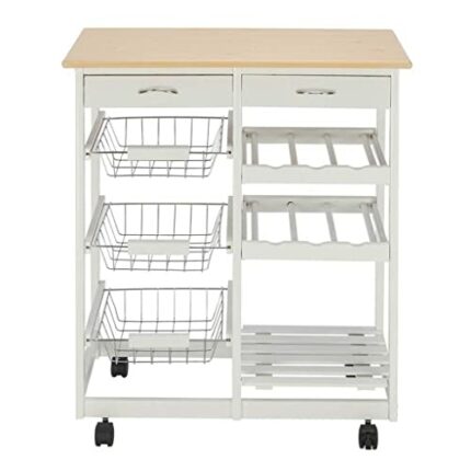 ZCMEB Moveable Kitchen Cart With Two Drawers & Two Wine Racks & Three Baskets White With Trolley Cart Dining