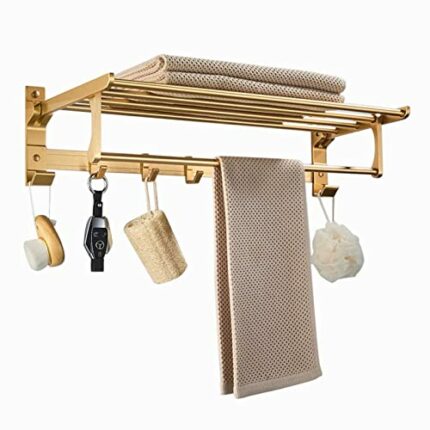 Towel Rack Wall Mounted Towel Holder Adhesive Towel Shelf with Hook No Drill Folding Space Aluminum For Bathroom Toilet,gold,50cm