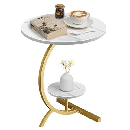 EU-AIRBIN Round C Shaped End Table, Snack Side Table, End Side Couch Table with Marble Top, Marble Texture Coffee Table, Modern Simplicity C End