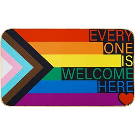 AnyDesign Rainbow Pride Day Door Mat Everyone is Welcome Here Front Door Mat with Anti-Slip Rubber Back Rainbow Felt Floor Mat for LGBT Indoor Ou
