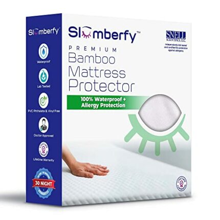 Waterproof Mattress Protector by Slumberfy | Hypoallergenic Bamboo Mattress Protector | Natural + Breathable Jacquard Fabric | Queen Mattress Cov