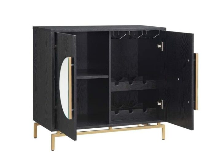 Home Source 31.5'' Black Modern Bar Cabinet, Wooden Double Door Cabinet with Half Moon Handles, Storage Cabinet with Wine Rack, Solid Metal Legs,