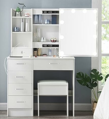 Tojump Makeup Vanity Table Set with DIY Lighted Mirror, Vanity Table with Vanity Cushioned Stool & 5 Drawers for Bedroom, Dressing Room, White (M