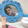 collectiblesBuy Handcrafted Wooden Hand Held Mirror Blue Floral Design with Handle Small Oval Shape Plain HD Dressing Table Bathroom Accessory Va