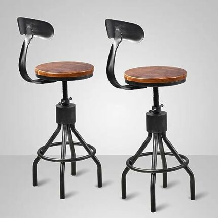 Set of 2 Vintage Bar Stool- Industrial Swivel Kitchen Dining Chair-Counter Height 23-33"-with Backrest