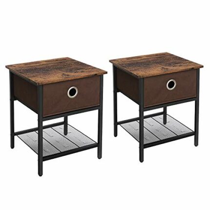 VASAGLE End, Set of 2 Side Tables and Nightstands with Fabric Drawer, Heavy-Duty Steel Frame, Living Room Bedroom, Simple Assembly, Rustic Brown